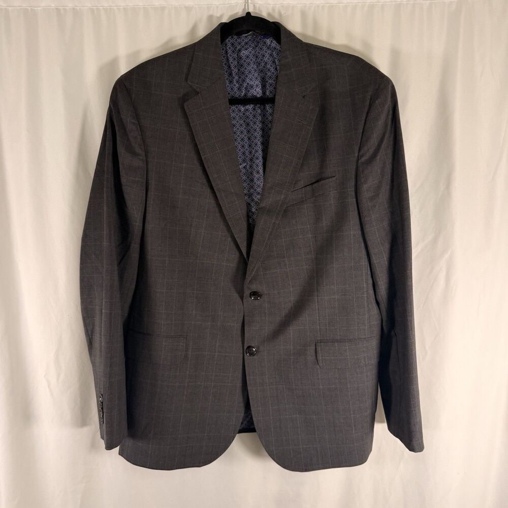 Ted Baker 100% Wool Blazer Men's 44R Grey Plaid 2 Button Front Inside Pockets